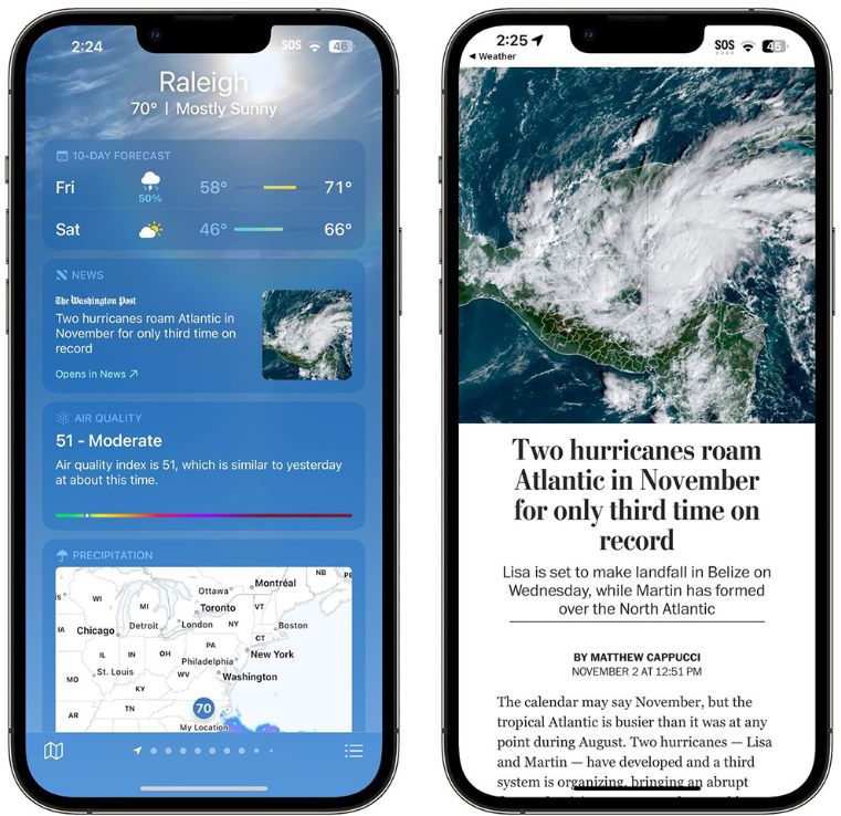 苹果iOS 16.2 为iPhone内置天气加入气象新闻报道
