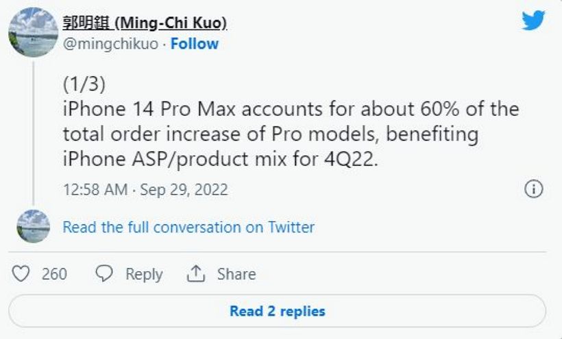 郭明錤称6成买 iPhone 14 Pro 用户选 Pro Max ：将对 iPhone 15 Pro 或产生影响