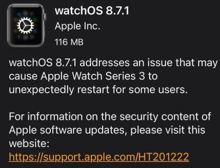 苹果推出 watchOS 8.7.1 固件更新：修复 Apple Watch Series 3 问题